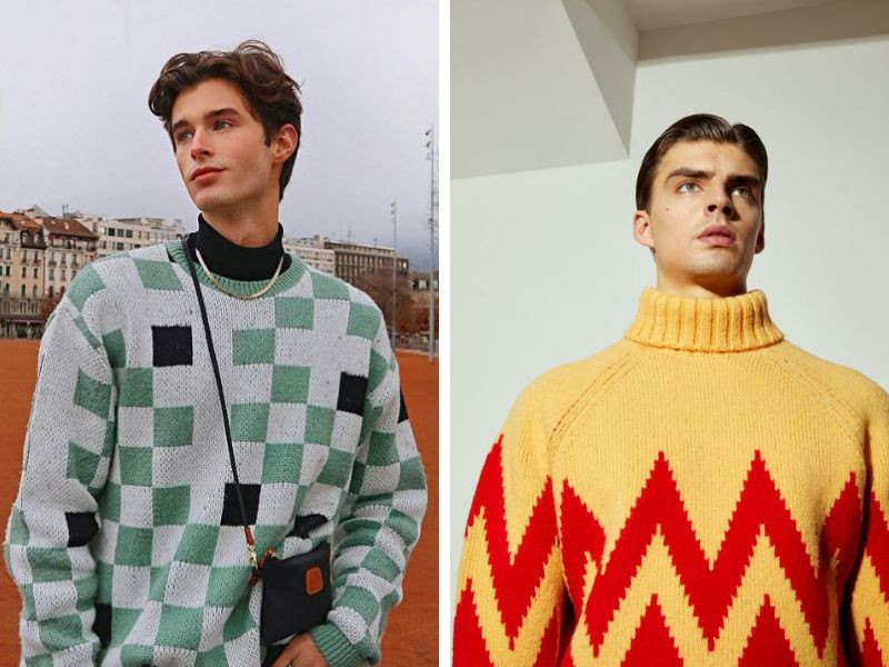 alt: Áo len thổ cẩm cổ lọ phối theo phong cách Vintage
