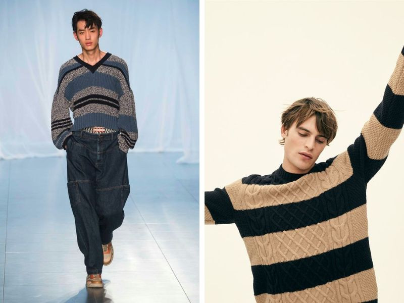 alt: Áo len thổ cẩm form rộng màu xám phối cùng quần jogger