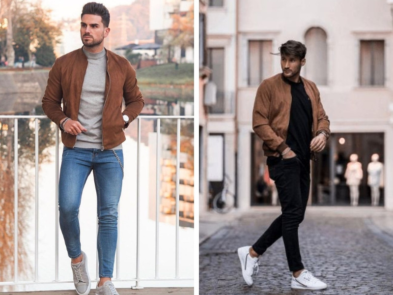 alt text: Phối áo khoác bomber nâu với quần jeans