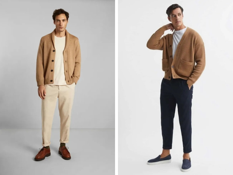 alt text: Phối áo khoác cardigan nâu với áo thun