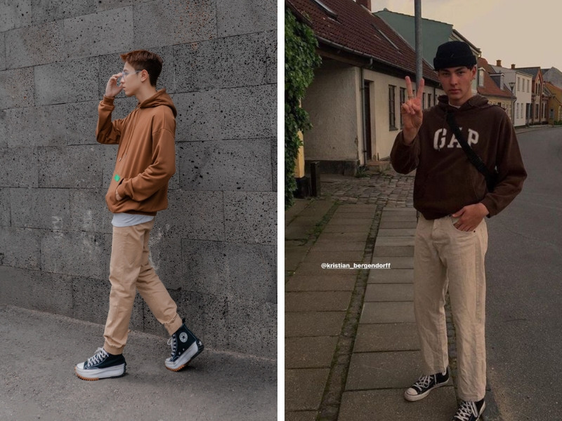 alt text: Phối áo khoác hoodie nâu với quần kaki