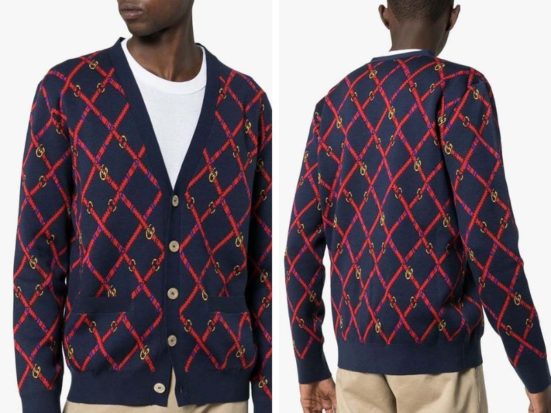 Áo len cardigan dáng dài màu xanh navy của Gucci