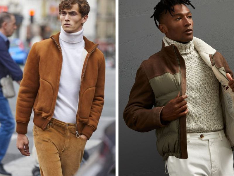 Áo len cổ lọ màu trắng mix áo bomber
