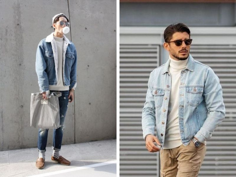 Áo len cổ lọ màu trắng phối áo khoác Jeans