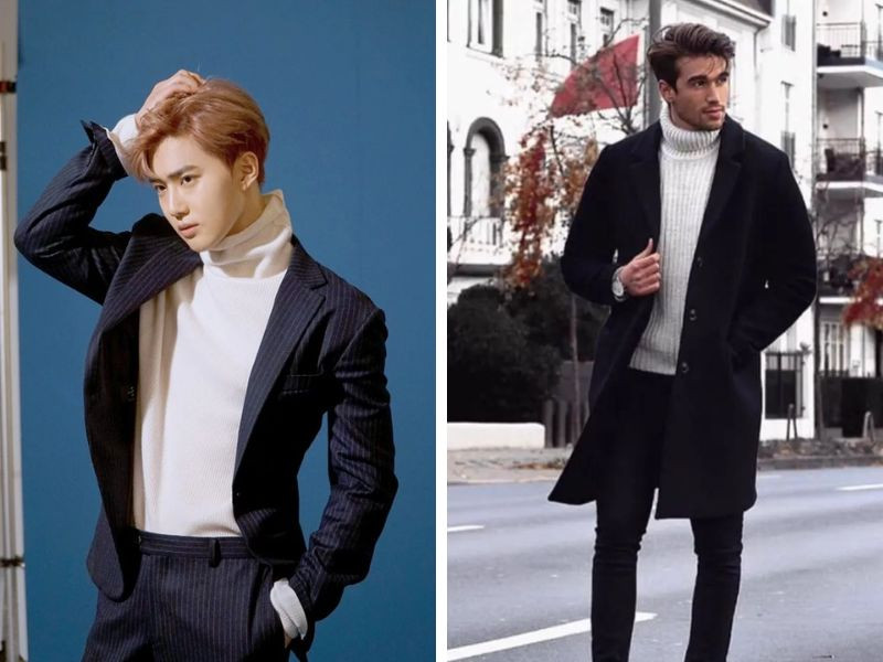 Áo len cổ lọ nam trắng mix áo blazer 