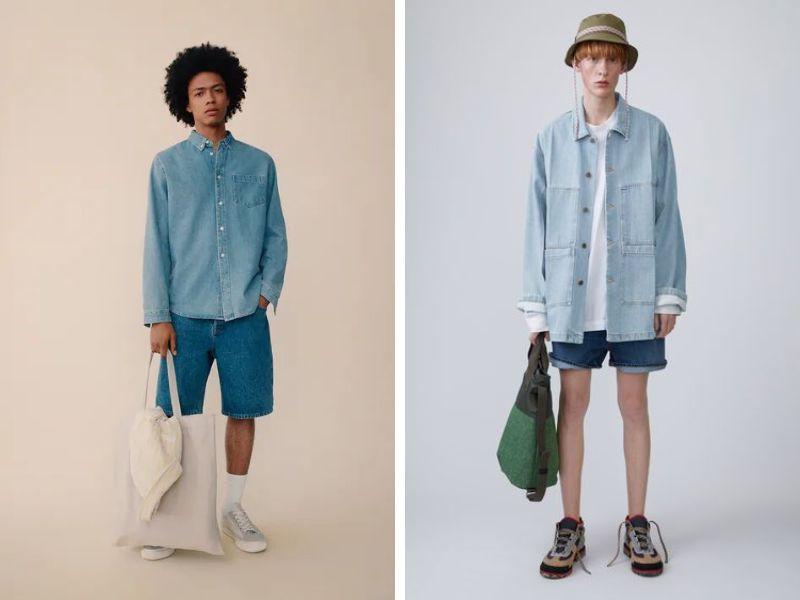 Phối áo khoác jean kaki nam với quần short