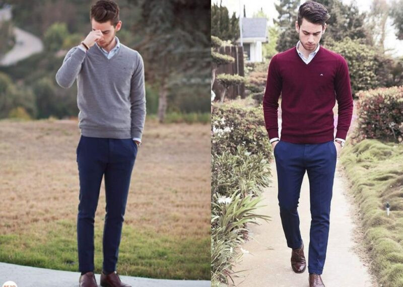 Áo len bên ngoài kết hợp với quần âu