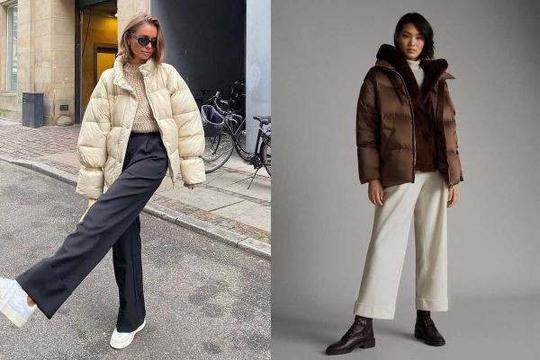 Áo phao mix cùng quần jean ống rộng