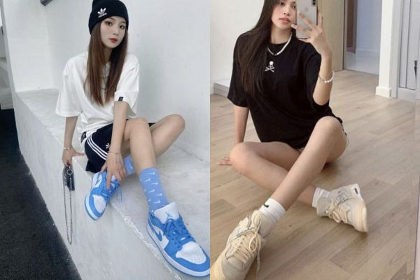 Áo phông rộng mix giày Jordan cổ cao
