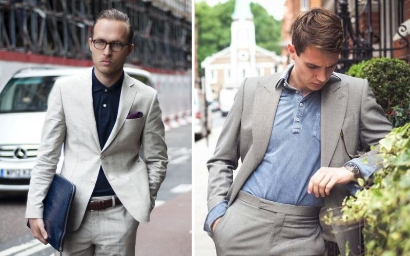 Áo polo nam màu tối mix cùng vest sáng màu