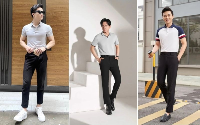 Áo polo nam sáng màu kết hợp cùng quần âu đen lịch lãm