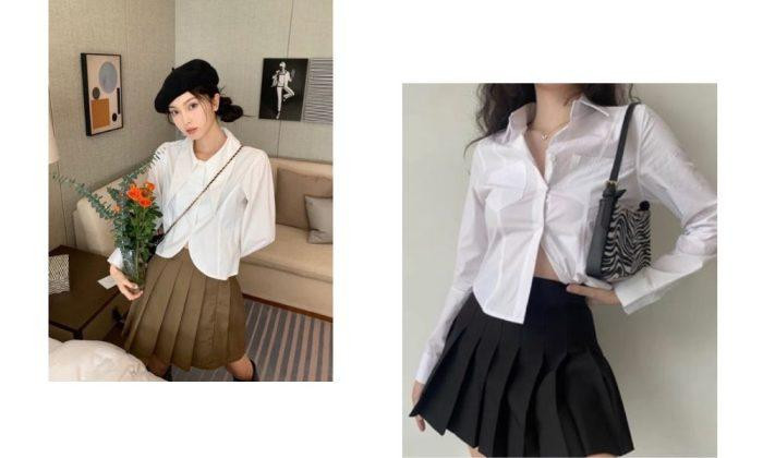 Áo sơ mi croptop phối với chân váy ngắn (Nguồn: Internet)