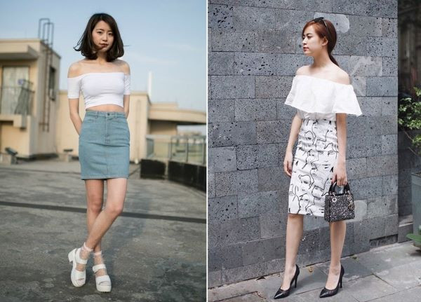 Áo trễ vai cùng chân váy midi