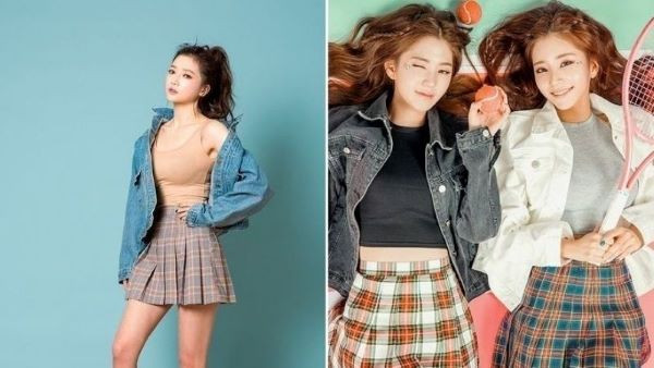 Chân váy sọc caro phối với áo khoác jeans