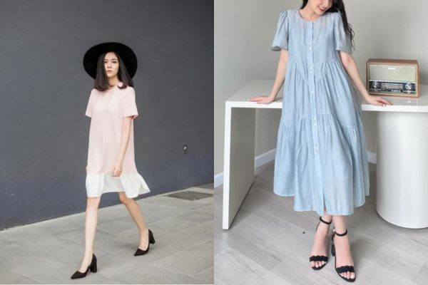 Đầm suông với giày bệt