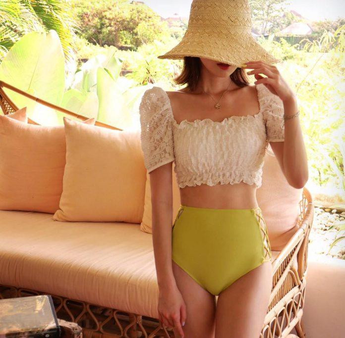Đồ bơi cạp cao phối áo bo chun