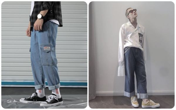 Phối áo sơ mi dài tay cùng quần jean ống suông