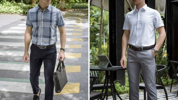 Phối đồ với áo sơ mi cộc tay với quần tây âu