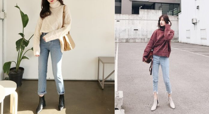 Quần jeans cạp cao phối áo len cổ lọ