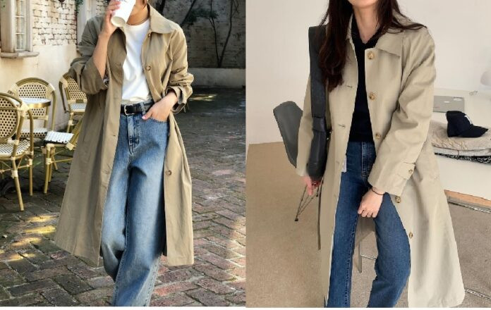 Quần jeans ống rộng và áo khoác dáng dài