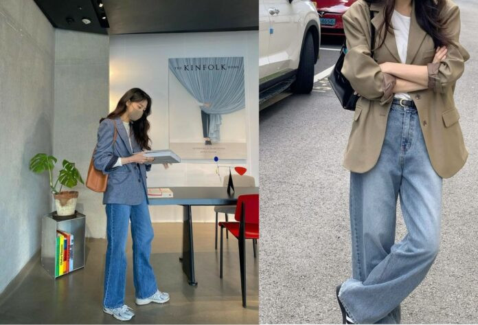 Quần jeans ống rộng và blazer