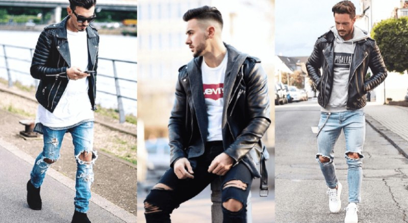 Quần jeans rách kết hợp với áo da tạo phong cách bụi bặm