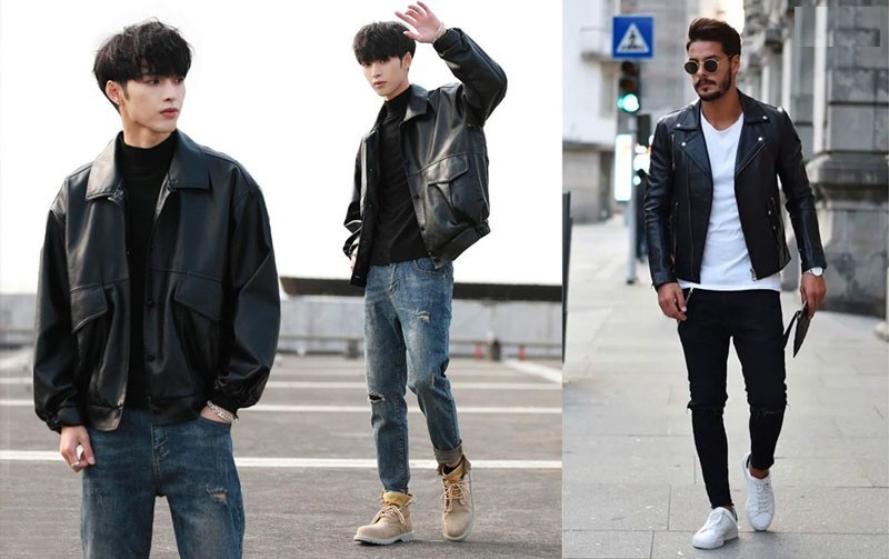 Quần jeans xanh kết hợp với áo khoác da tạo phong cách phóng khoáng