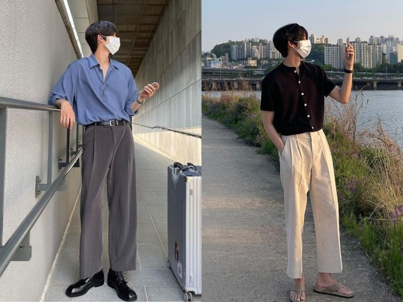 Quần nam ống rộng Hàn Quốc mix cùng áo sơ mi là style được người trẻ ưa chuộng.