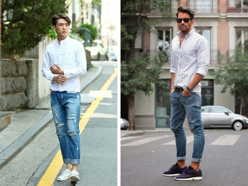 Quần nam rách gối phối cùng áo sơ mi là sự kết hợp độc đáo