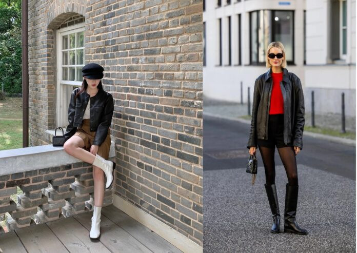 Quần short, áo khoác da và boots mang đến phong cách bụi bặm, thời thượng