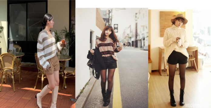 Quần short kết hợp với áo len oversize giúp giữ ấm và tạo sự thoải mái