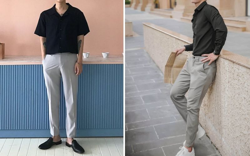 Quần tây xám và áo sơ mi đen thanh lịch