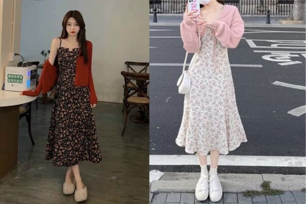Váy hoa midi với cardigan