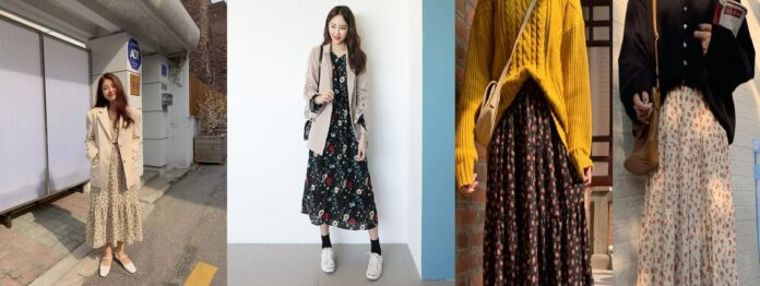 Váy hoa phối áo blazer hoặc áo len