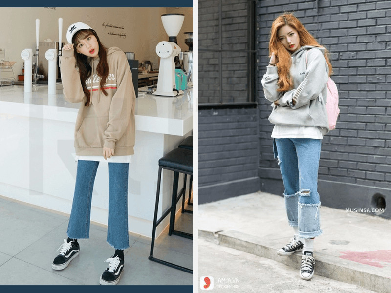 Áo hoodie với quần jeans