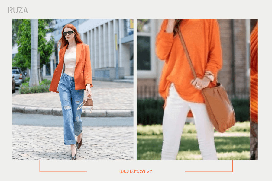 Áo màu cam phối với quần jean xanh - Quần trắng