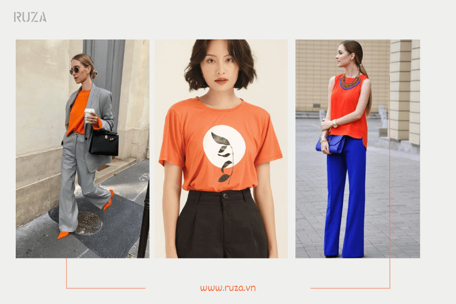 Áo màu cam phối với quần xám - Quần đen - Quần xanh dương