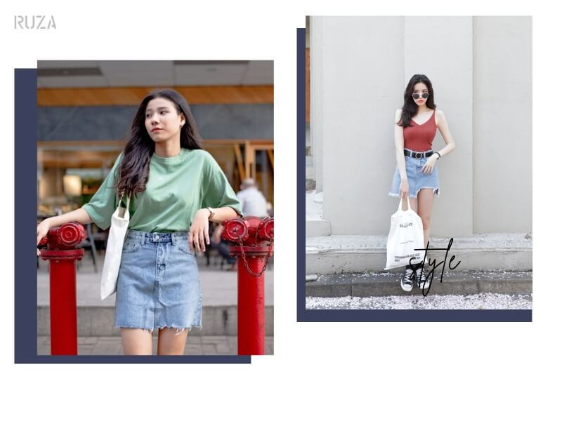 Chân váy jean phối với áo phông - áo 2 dây