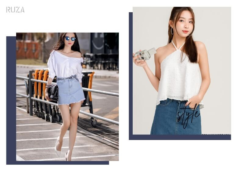 Chân váy jean phối với áo trễ vai - áo cổ yếm