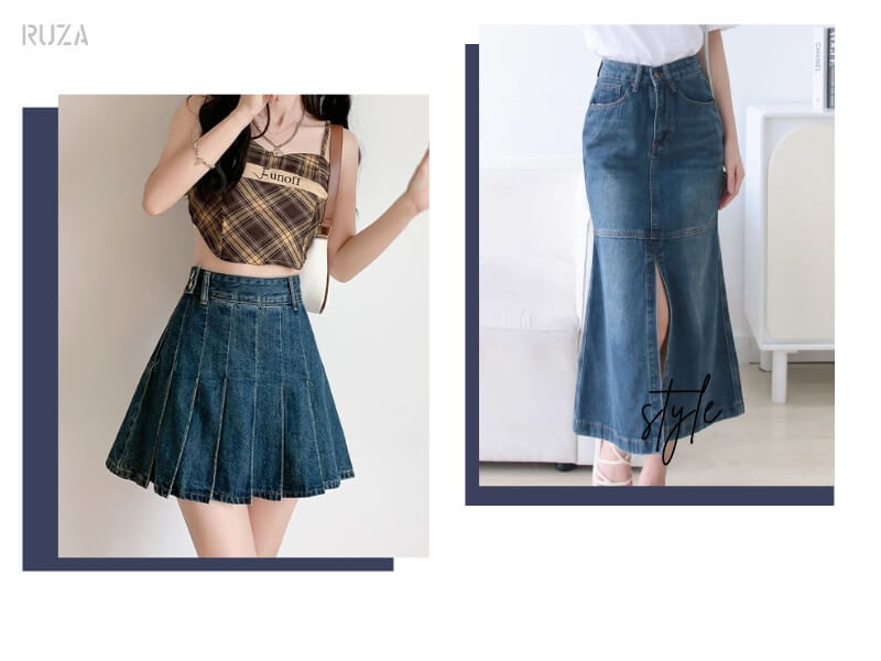 Chân váy jean xếp ly - Váy jean xếp tây