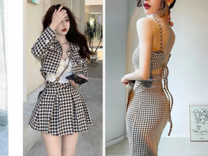 Chân váy và áo croptop - Đầm ôm sát họa tiết Houndstooth