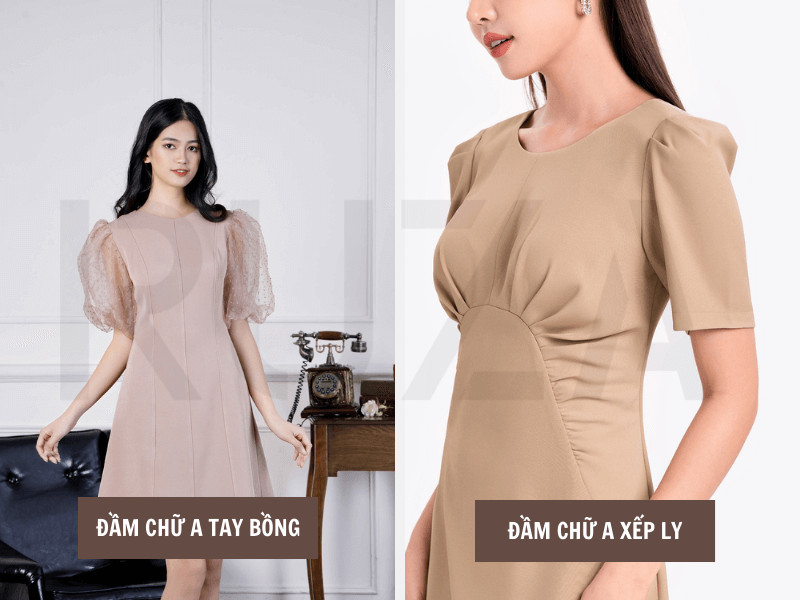 Đầm chữ A tay bồng - Đầm chữ A xếp ly