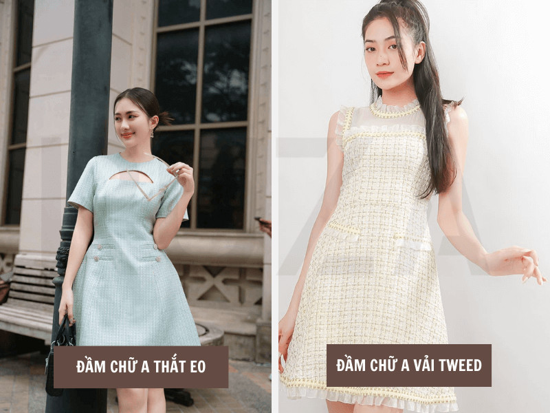 Đầm chữ A thắt eo - Đầm chữ A vải tweed