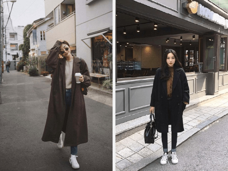 Kết hợp áo khoác dài + quần jeans và giày thể thao