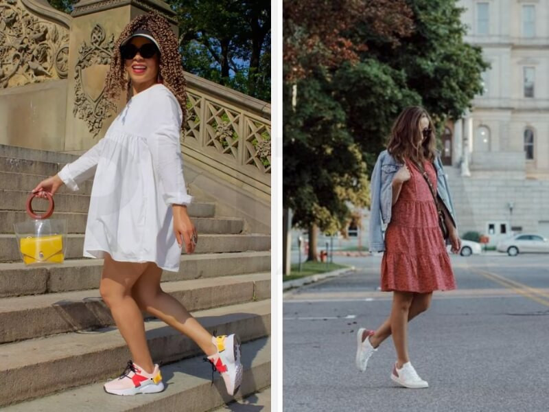 Phối đầm babydoll với giày sneaker