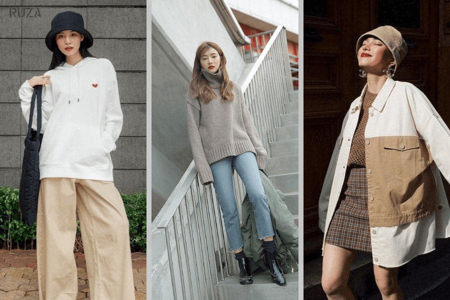 Phối đồ oversize: Áo hoodie oversize với quần kaki - Áo len oversize với quần ống rộng - Áo khoác oversize với áo cổ tròn