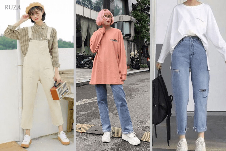 Phối đồ oversize: Áo yếm bò - Áo phông trơn và quần jean ống rộng - Áo phông oversize nữ với quần jean baggy