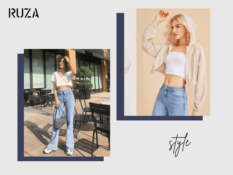 Phối đồ với áo croptop với quần jeans - áo khoác
