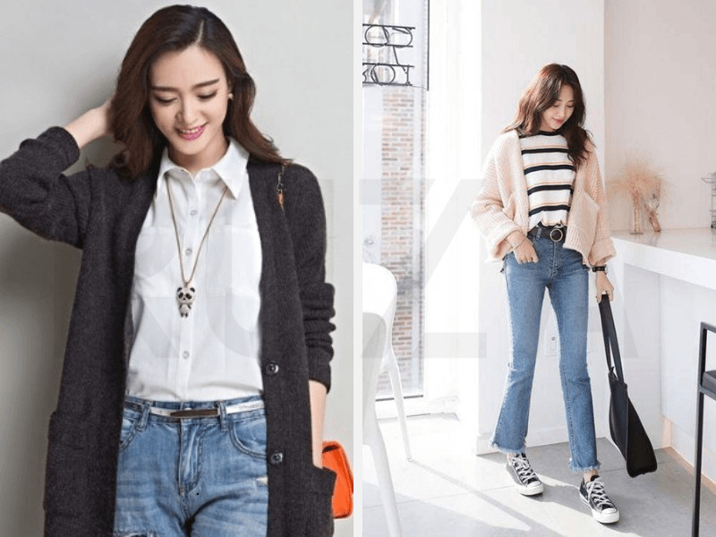 Quần jeans với áo cardigan