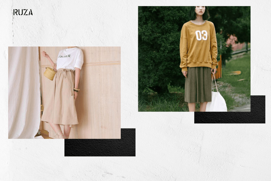 Sweatshirt phối với chân váy midi
